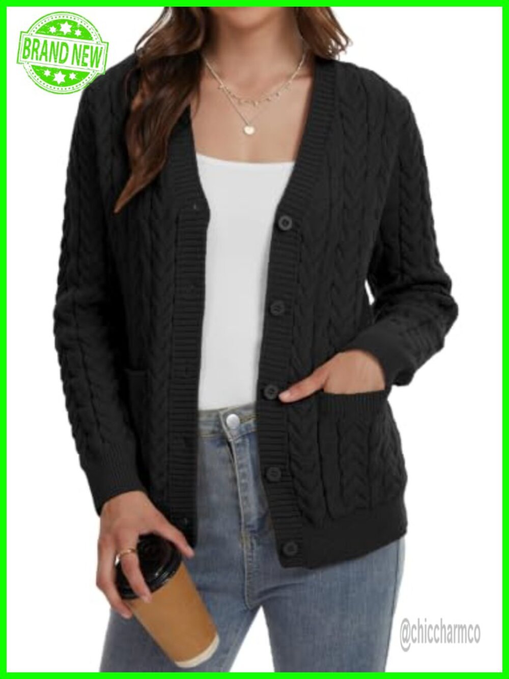 Womens Cable Knit Open Front Cardigan Sweater Button Up V Neck Chunky with